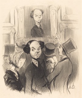 Charmé de se voir exposé, l'original ici présent conduit son épouse au salon..., 1841. Creator: Honore Daumier.