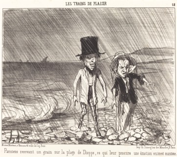 Parisiens recevant un grain sur la plage de Dieppe..., 1852. Creator: Honore Daumier.