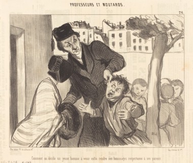 Comment on décide un jeune homme à venir enfin rendre ses hommages respectuex à se parens, 1846. Creator: Honore Daumier.