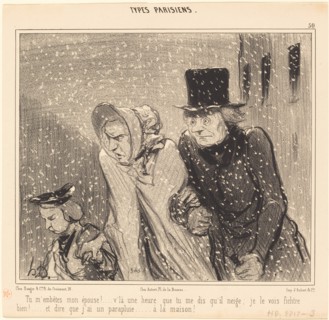 Tu m'embêtes mon épouse!....v'là une heure que tu me dis qu'il neige; je le vois fichtre bien!, 1843 Creator: Honore Daumier.