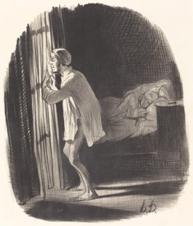 - Je crois que j'ai entendu chanter un hibou... qu'est-ce que ça peut bien m'annoncer?.., 1847. Creator: Honore Daumier.