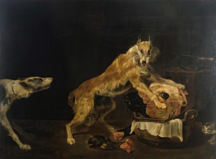 Dogs with a Bull's Head, 1650. Creator: Paul de Vos.