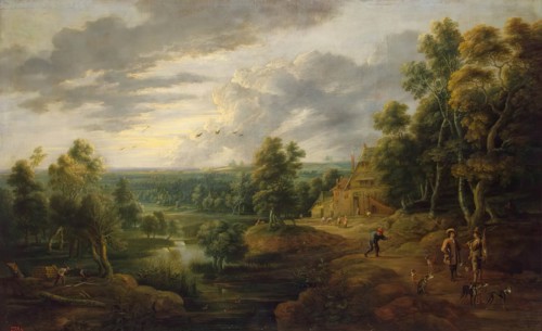 Landscape with Trees near a River (Landscape with Hunters), 1640. Creators: David Teniers II, Lucas van Uden.