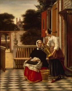 Woman and a maid with a pail of fish in a courtyard, 1660. Creator: Pieter de Hooch.