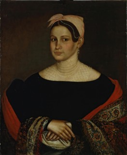 Portrait of a Merchant Wife in a Low-cut Black Dress with Puffed Sleeves, 1838. Creator: Ivan Tarkhanov.