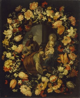 Adoration of the Magi framed by a Garland of Flowers, 1650. Creator: Mario Nuzzi.
