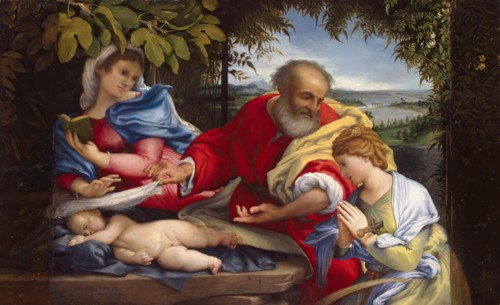 Rest on the Flight into Egypt with St Justine, 1529. Creator: Lorenzo Lotto.