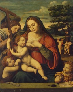 The Virgin and the Child with St John the Baptist, St John the Evangelist and an Angel, 1550. Creator: Juan De Juanes.