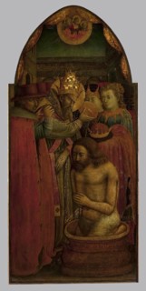 Baptism of Constantine by Pope Sylvester I (left part of the triptych), 1450. Creator: Andrea di Giusto.
