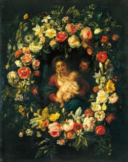 Holy Family in a Wreath of Flowers, 1636. Creators: Erasmus Quellinus, Frans Ijkens.