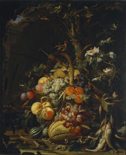 Forest floor still life with fruit, fish and a bird's nest, 1670. Creator: Abraham Mignon.
