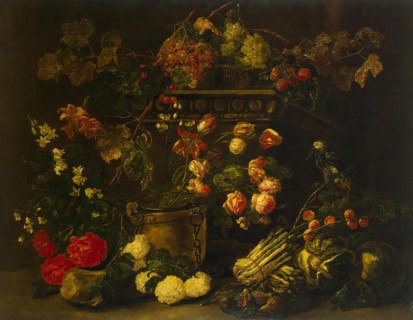 Still Life with Flowers, Fruit and Parrot, 1650. Creator: Jan Fyt.
