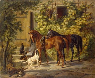 Horses at the Porch, 1843. Creator: Albrecht Adam.
