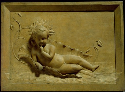 Cast of relief depicting putto on a lily pad. Creator: Unknown.