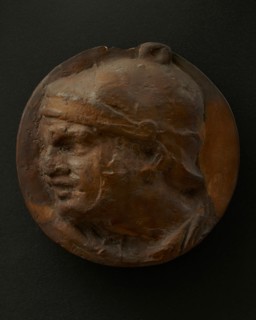 Cast of the head of Roman soldier in helmet with raised right arm. Creator: Unknown.