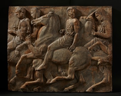 Cast of slab of riders from North frieze of Parthenon (figures 96-99, Slab XXXVI..., 19th century. Creator: Unknown.