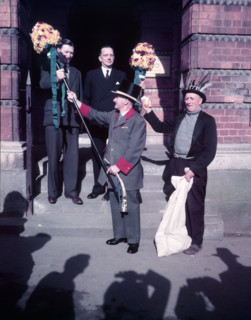 Tutti Men recieving Tutti Poles, Hocktide Festival, Hungerford, Berkshire, c1955. Creator: Arthur Charles Kirby Ware.
