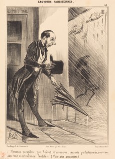 Nouveau parapluie, par Brevet d'invention, ressorts perfectionnés..., 1840.  Creator: Honore Daumier.	Nouveau parapluie, par Brevet d'invention, ressorts perfectionnés..., 1840. ...s'ouvrant avec une ...