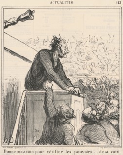 Bonne occasion pour vérifier les pouvoirs ...de sa voix, 19th century.  Creator: Honore Daumier.