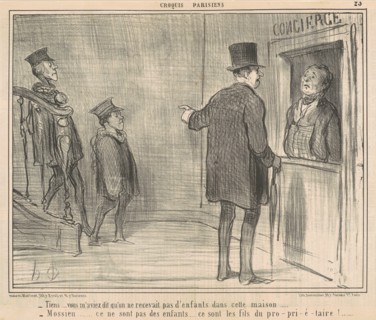 Tiens ... vous m'aviez dit qu'on ne recevait pas d'enfants dans cette maison..., 19th century.  Creator: Honore Daumier.