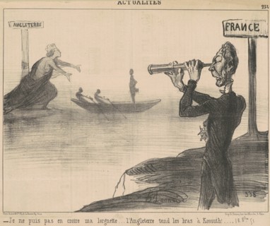 Je ne puis en croire ma lorgnette.... l'Angleterre tend les bras à Kossuth!....., 19th century.  Creator: Honore Daumier.