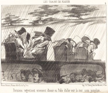 Parisiens regrettant vivement d'avoir eu l'idée d'aller voir la mer sans parapluie, 1852. Creator: Honore Daumier.