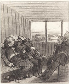 Le voyage en chemin de fer est moins amusant que ne l'espérait Rifolard, 1848.  Creator: Honore Daumier.