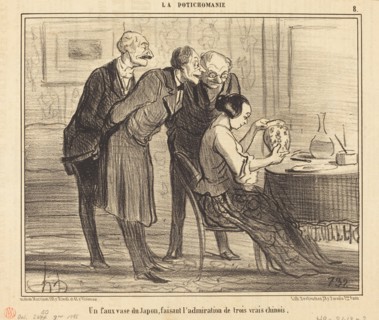 Un faux vase du Japon, faisant l'admiration de trois vrais chinois, 1855.  Creator: Honore Daumier.
