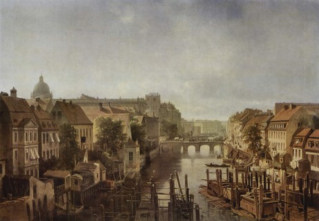 View from Royal mills at the Mühlendamm to the Lange Brücke in Berlin, 1850. Creator: Albert Schwendy.