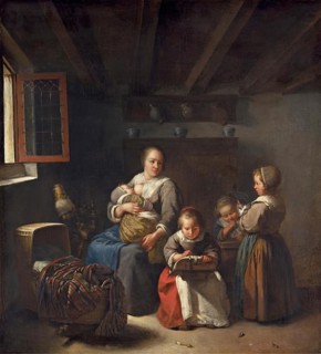 Nursing mother with three girls, 1675. Creator: Gaspar Netscher.