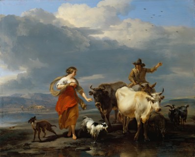 Southern Landscape with Shepherdess and Mule-rider at a Ford, 1672. Creator: Nicolaes Berchem.