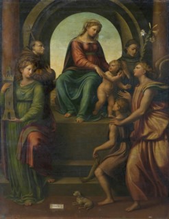 Madonna and Child, with Sts Barbara, Francis, Dominic, Archangel Raphael and Tobias, 1550. Creator: Innocenzo da Imola.