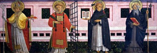 Nicholas, St Lawrence, St Peter Martyr, St Antony the Abbot, 1452. Creator: Bartolomeo Caporali.