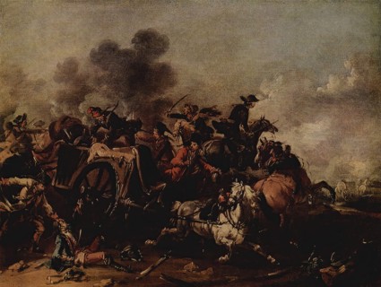 Cavalry attack on a wagon, 1730-1760. Creator: August Querfurt.