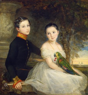Children with a Parrot, 1850. Creator: Christina Robertson.