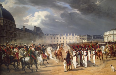 Invalid handing a petition to Napoleon at the parade in the court of the Tuileries Palace, 1838. Creator: Emile Jean-Horace Vernet.