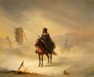 Two French Hussars on Patrol in Winter, 1840. Creator: Auguste Raffet.
