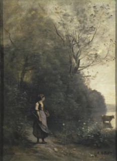 A Peasant Woman Grazing a Cow at the Edge of a Forest, 1867. Creator: Jean-Baptiste-Camille Corot.