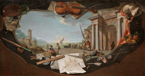 Landscape with an architectural view surrounded by trompe-l’oeil elements symbolising the Arts,c1779 Creator: Charles Joseph Flipart.