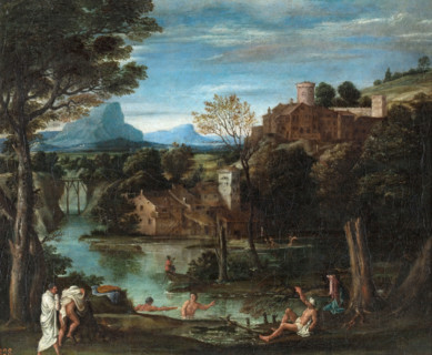 Landscape with river and bathers, 16th century. Creator: Annibale Carracci.