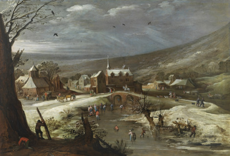 Landscape with Skaters, 1615-1625. Creators: Jan Brueghel the Elder, Joos de Momper, the younger.