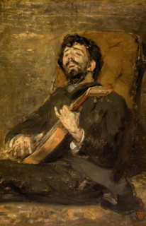 The painter Darío de Regoyos playing the guitar, 1885. Creator: Théo van Rysselberghe.