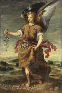 The Archangel Baraquiel scattering flowers, early 17th century.  Creator: Bartolomé Román.