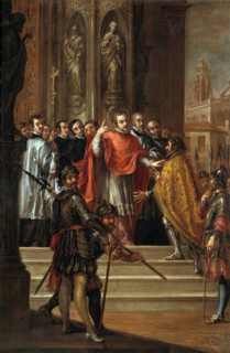 Saint Ambrose denies Theodosius entry to his Church, c1673.  Creator: Juan de Valdés Leal.