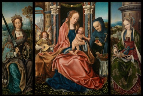The Holy Family with musical angel, and Saints Catherine and Barbara, 1510-1520. Creator: Workshop of the Master of Frankfurt.