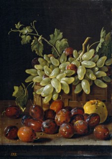 Still Life with Plums, a Basket of Grapes, and an Apple, 1762. Creator: Luis Meléndez.
