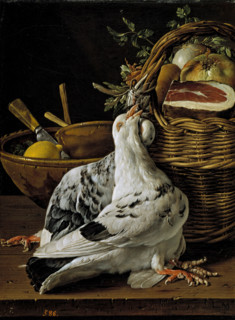 Still life with squabs, a food basket, and bowls, 18th century. Creator: Luis Meléndez.