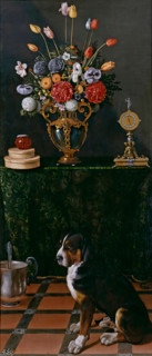 Still Life with a Vase of Flowers and a Dog, between c1625 and c1630 1625. Creator: Juan van der Hamen y León.