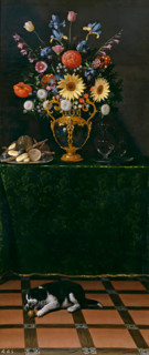 Still Life with a Vase of Flowers and a Puppy, c1625. Creator: Juan van der Hamen y León.