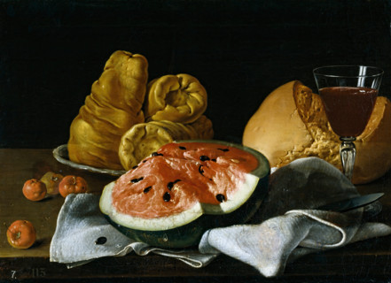 Still Life with Watermelon, Pastries, Bread, and Wine, 1770. Creator: Luis Meléndez.